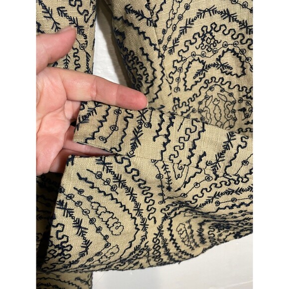 Vintage Talbots All Over Embroidered Chino Pant Linen Blend Navy Tan Chic 12 - Picture 5 of 14